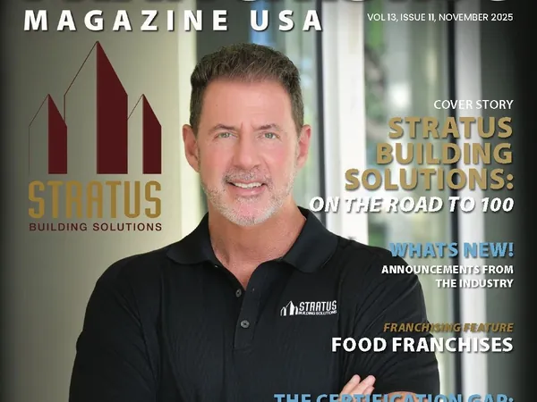 Franchising Magazine USA cover, November 2025, Rob Lancit with arms crossed beside the Stratus Building Solutions logo